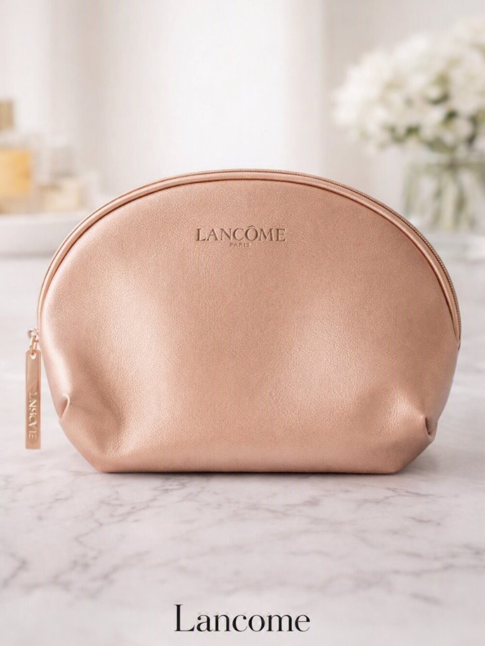 Lancôme Paris Rose‑Gold Makeup Bag | Metallic Minimalism & Quiet Luxury